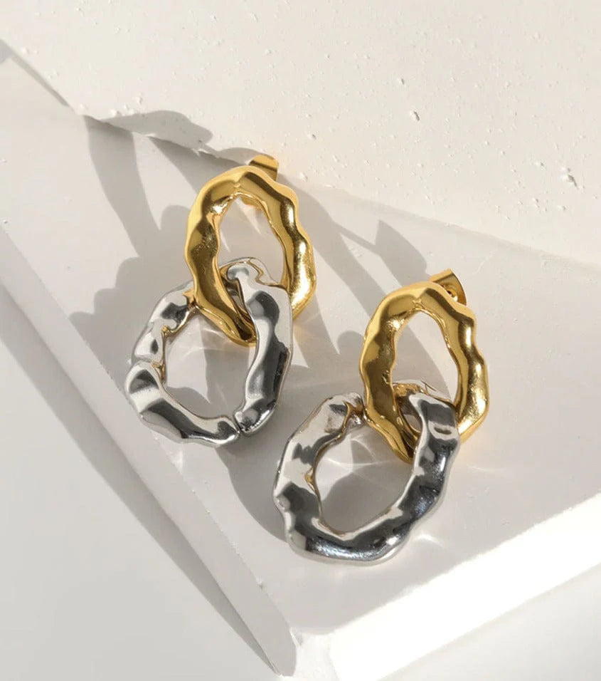 SABA INTERLOCKING HAMMERED GOLD & SILVER EARRINGS