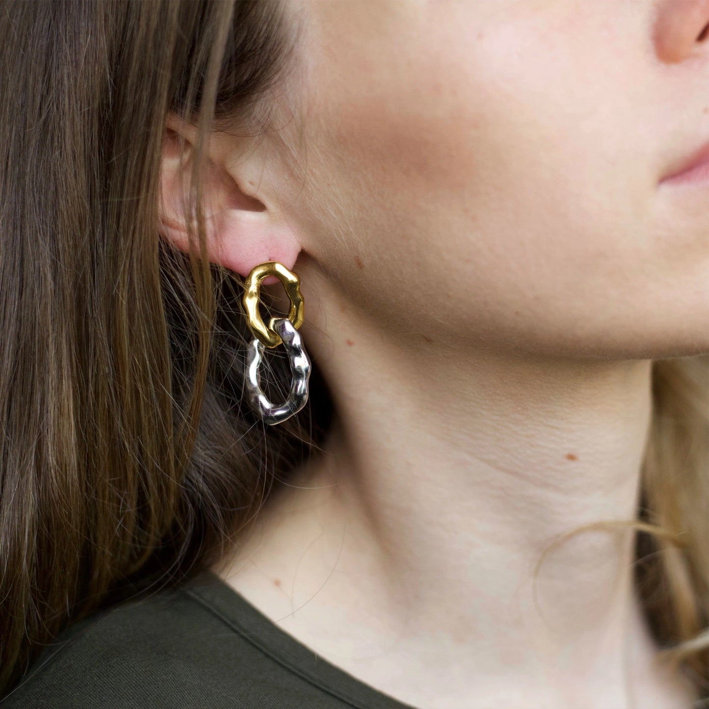 SABA INTERLOCKING HAMMERED GOLD & SILVER EARRINGS